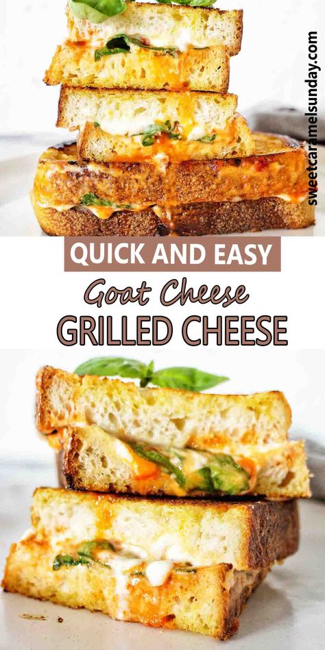 Grilled cheese sandwich halves stacked on white plate. There is text written between 2 images. Goat Cheese Sandwich Recipes, Goats Cheese Sandwich Recipe, Grilled Goat Cheese Sandwich, 3 Cheese Grilled Cheese Sandwich, Goat Cheese Grilled Cheese Sandwiches, Goat Cheese Grilled Cheese, Cheese And Pepper Jelly, Goat Cheese Sandwich, Goat Cheese Stuffed Chicken