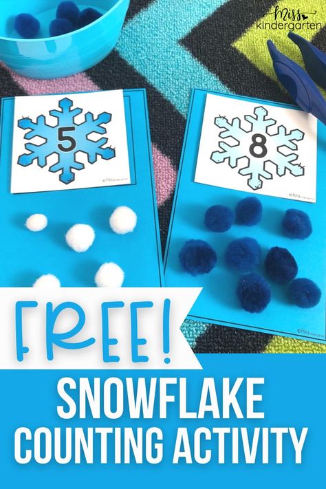 I can't think of a better winter math activity than counting snowflakes! Grab this FREE snowflake counting activity for your kindergarten math centers. Add a pair of jumbo tweezers to add some fine motor practice as the students count snowflakes. Ten Sparkly Snowflakes Activities, Snowflake Math Kindergarten, Prek Winter Math Activities, Teaching Winter To Preschool, Winter Centres For Kindergarten, Snowflake Math Preschool, Snowflake Counting Preschool, Winter Math Games Kindergarten, Literacy Winter Activities Preschool