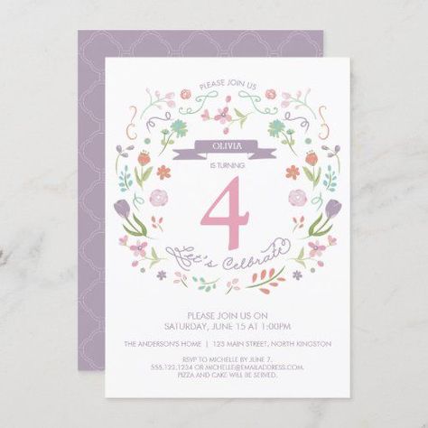 $1.95 | Girl's 4th Birthday Invitation - Fourth Birthday #4th #fourth #birthday #invitation #forth #girl #pretty #cute #girly #four 4th Birthday Invitation, Quatrefoil Pattern, Fourth Birthday, Girl Themes, Birthday Invitations Girl, Design Girl, 4th Birthday Parties, Purple Backgrounds, Special Birthday