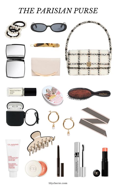 Embrace your inner Parisienne with these purse essentials that embody the elegance and sophistication of French fashion #parisianpurse #frenchfashion #styleessentials French Fashion Essentials, French Style Essentials, Luxury Makeup Bag, Parisian Purse, French Moodboard, Paris Essentials, Okokok Girl, Josie Core, French Style Parisian Chic