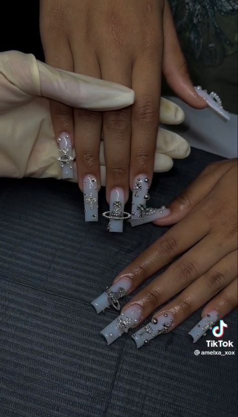 Nail Inspo With Planet Charm, White Nails With Planet Charm, Saturn Charm Nails, Jewel Acrylic Nails, Nails With A Lot Of Charms, Planet Charm Nails, Cross Nails, Asian Nails, Really Cute Nails