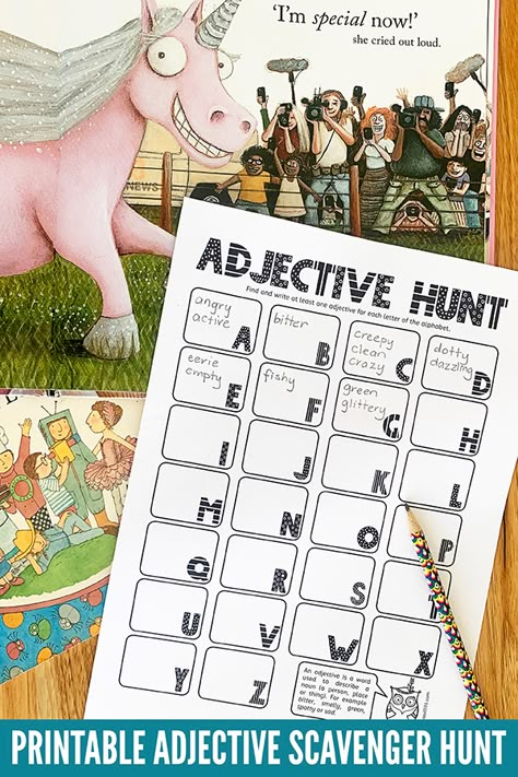 Noun Scavenger Hunt, Adjective Games Activities, Nouns Verbs Adjectives Activities, Adjective Games, Adverb Activities, Adjectives Lesson, Teaching Adjectives, Writing Block, Adjectives Activities