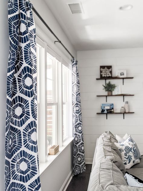 DIY Stenciled Curtains Stenciled Curtains, Geometric Wall Stencil, Accent Wall Stencil, Cool Stencils, Stencil Decor, Diy Living Room Decor, Drop Cloth Curtains, Diy Porch, Double Bed Frame