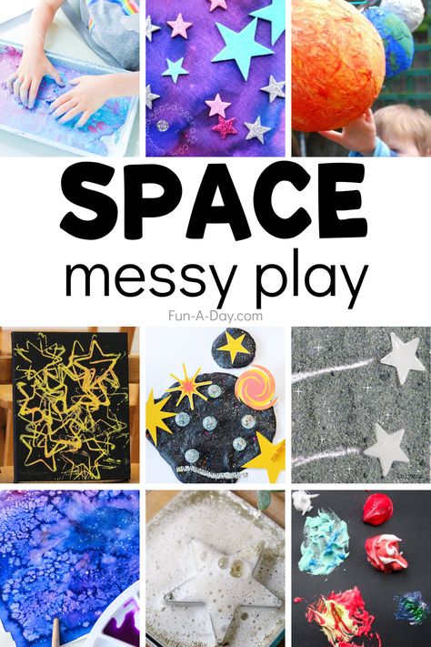 Space messy play ideas perfect for preschool and kindergarten kids. Science, art, AND sensory play, all with a messy space theme! Space Activities For Toddlers Play Ideas, Space Theme Water Play, Space Sensory Play, Messy Play Themes, Space Themed Activities For Babies, Space Messy Play Ideas, Rbt Tips, Toddler Space Activities, Space Toddler Activities