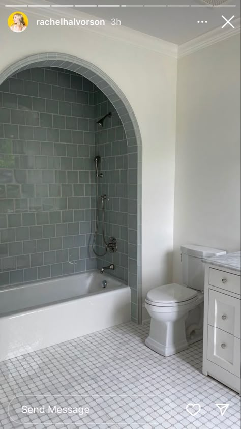 Bathtub Niche, Tile Bathroom Vanity, Tub In Bathroom, Dark Tile Bathroom, Arch Tile, Bath Shower Combo, Bath Interior Design, City Bathroom, Tudor Renovation