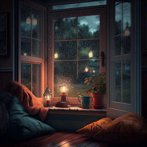 Comfy Illustration, Cozy Ghibli, Scene Quotes, Comfy Rooms, Happy Drawings, Bedroom Aesthetic Cozy, Rainy Window, Rain Window, Aesthetic Paintings