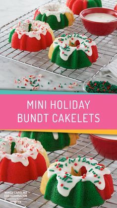 Bundt Cakes Decorating Ideas, Mini Bundt Cakes Christmas Gifts, Cute Mini Bundt Cakes, Bundt Cake Recipes Mini Desserts, Mini Bundt Pan Ideas, Christmas Bunt Cakes Holiday Desserts, Small Bundt Cakes Minis, Mini Bundt Cakes Decorating Ideas, Mini Bundt Cakes Silicone Mold Recipes