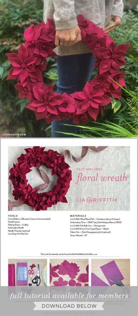 Felt Holiday Floral Wreath DIY Template & Tutorial - Lia Griffith - created via https://pinthemall.net Felt Floral Wreath, Felt Wreath Tutorial, Fabric Poinsettias Diy, Felt Poinsettia Wreath, Fabric Poinsettia Diy, Felt Wreath Diy Tutorials, Felt Wreath Diy, Poinsettia Wreath Diy, Diy Felt Poinsettia