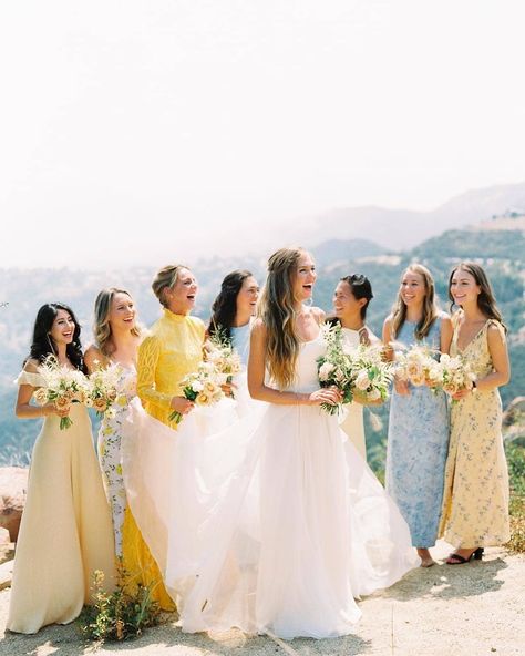 Mismatched Floral Bridesmaid Dresses Sewanee Wedding, Jennifer Aniston Wedding, Moh Dress, Erich Mcvey, Floral Bridesmaid Dresses, Bridesmaid Inspiration, Malibu Wedding, Yellow Bridesmaid Dresses, Mismatched Bridesmaids