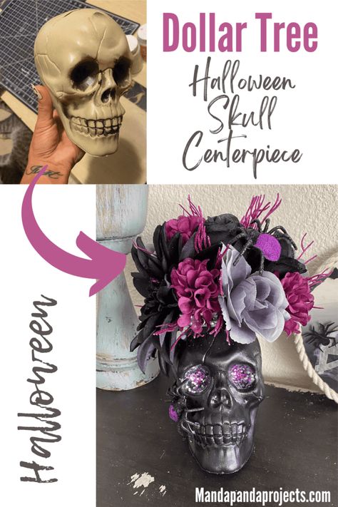 No Halloween decorations are complete without a beautiful centerpiece to steal the show! This DIY Dollar Tree Skull Centerpiece is just the perfect amount of spooky, glam, and gorgeous and can be made on a budget too! #DIYhalloweendecor #skull #dollartreediy Spooky Table Decor Diy, Diy Goth Centerpieces, Halloween Centerpiece Decorations, Adams Family Centerpieces, Dollar Tree Halloween Centerpiece Ideas, Dollar Tree Foam Skull Crafts, Diy Halloween Candelabra Centerpiece, Dollar Store Halloween Centerpieces, Diy Halloween Vase Ideas