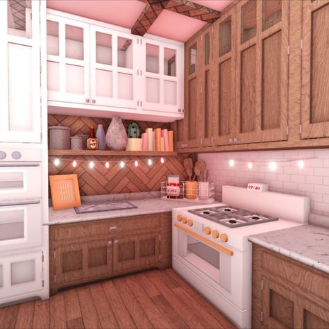 Give Credits!!! Bloxburg Kitchen 🍒o .｡.:*☆ Bloc Burg Kitchen Ideas, Minimalist Kitchen Bloxburg, 3x3 Bloxburg Kitchen, Kitchen Hacks Bloxburg, Bloxburg Mini Kitchen, Bloxburg Counter Colors, Cottage Kitchen Bloxburg, Bloxburg Kitchen Color Schemes, Bloxburg Vintage Kitchen