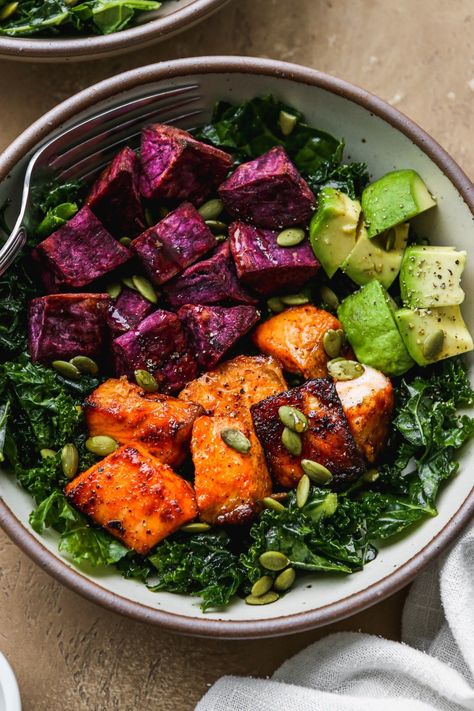 Kale Salad With Salmon Bites | Walder Wellness, RD Purple Kale Salad, Salmon Kale Bowl, Hot Honey Salmon Bites, Honey Salmon Bites, Hot Honey Salmon, Walder Wellness, Sweet Potato Cubes, Salad With Salmon, Roasted Sweet Potato Cubes