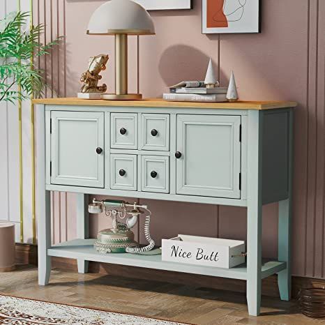 LUMISOL Wood Sideboard Buffet, Rustic Style Storage Console Table with Two Doors and Bottom Shelf(Lime White) Vintage Console Table, Vintage Console, Used Cabinets, Elegant Console Table, Console Table With Drawers, Large Cabinet, Sideboard Console Table, Mdf Frame, Sideboard Console