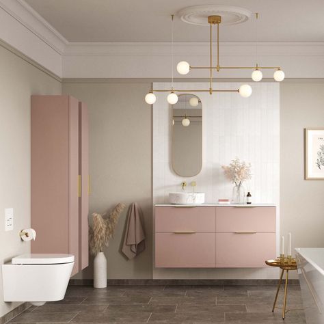 bathroom lighting tips Pink Bathroom Cabinets, Rose Bathroom, Zen Bathrooms, Bathroom Storage Units, Mdf Doors, Basin Unit, Basin Vanity Unit, Yamagata, Rose Wall