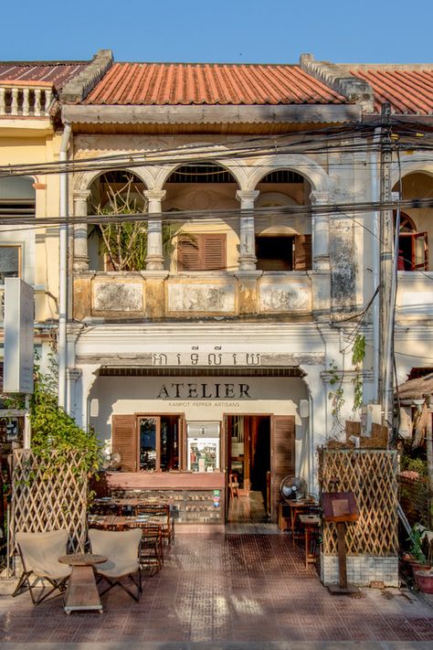 Gallery of Atelier Kampot / Bloom Architecture - 3 Khmer House Interior, Heritage Building Architecture, Cambodia Architecture, Vietnamese Architecture, Cafe Architecture, Vietnam Architecture, Terrace House Interior, Indochine Style, Narrow House Designs