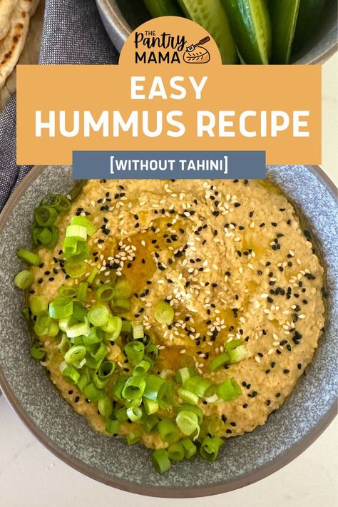 Easy hummus recipe without tahini that's way better than store bought! Serve this easy tahini free hummus with sourdough pita chips! No Tahini Hummus Recipe, Ranch Hummus Recipe, Tahini Free Hummus Recipe, Easy Hummus Recipe Without Tahini, Garbanzo Recipes, Homemade Hummus Without Tahini, Mediterranean Food List, Hummus Recipe Without Tahini, Hummus Recipe With Tahini