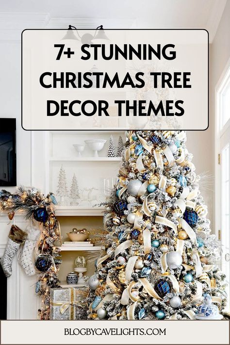 7 christmas tree decor themes Christmas Ornaments Theme, Ice Themed Christmas Tree, Flocked Christmas Tree Themes, 12 Days Of Christmas Tree Theme, Themed Christmas Tree Ideas For Kids, Cute Christmas Tree Themes, Blue And Green Christmas Tree, Themed Christmas Tree Ideas, Teal Christmas Tree