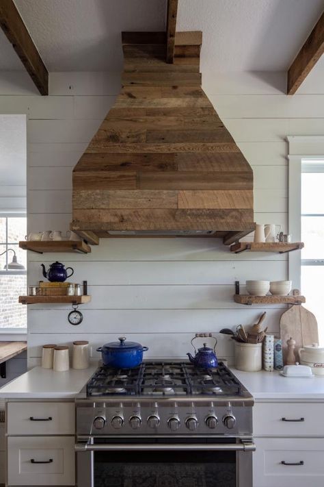 Contemporary Farmhouse Kitchen With Custom Reclaimed-Wood Range Hood | HGTV Contemporary Farmhouse Kitchen, Farmhouse Pictures, Moore House, Wood Range Hood, Kitchen Wood, New England Homes, Contemporary Farmhouse, Building Ideas, Kitchen Redo