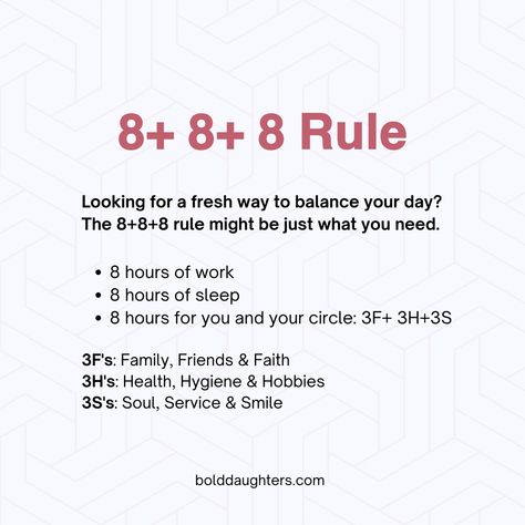 Some productivity gurus recommend adopting an 8+8+8 rule to manage your day. ✅8 hours of work ✅8 hours of sleep ✅8 hours for you and your circle  You'll typically divide these last 8 hours like this:  ✅3F's: Family, Friends & Faith ✅3H's: Health, Hygiene & Hobbies ✅3S's: Soul, Service & Smile  Do you think that this rule is realistic for most working women? 3 2 1 Rule, 8 8 8 Rule, Sleep 8 Hours, 8 Hours Of Sleep, Realistic Goals, Overcoming Challenges, Improve Gut Health, Building Confidence, Health Hygiene