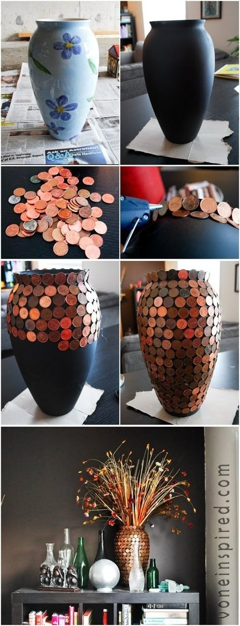 Stunning! Who knew coins could be chic Vase Project, Cheap Vases, Old Vases, Herringbone Backsplash, Dekor Diy, Do It Yourself Crafts, Crafty Craft, Crafty Diy, Diy Projects To Try