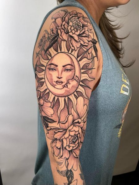 Sun And Moon Tattoo Sleeve Design, Sun And Moon Sunflower Tattoo, Sun And Moon Tattoo Arm Sleeve, Sun And Moon Arm Sleeve, Sun Moon Sleeve Tattoo, Tattoo Sleeve Placement, Moon Sleeve Tattoos For Women, Sun Sleeve Tattoo, Sun And Moon Sleeve Tattoo