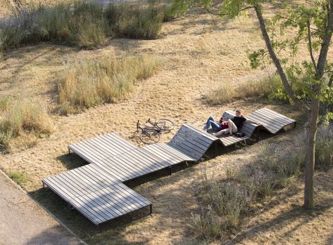 Haguenau Playground & fountain « Landezine International Landscape Award LILA Large Trampoline, Wooden Playground Equipment, Playgrounds Architecture, Lake Dock, Brick Architecture, Urban Furniture, Natural Heritage, Trampolines, Hiding Places