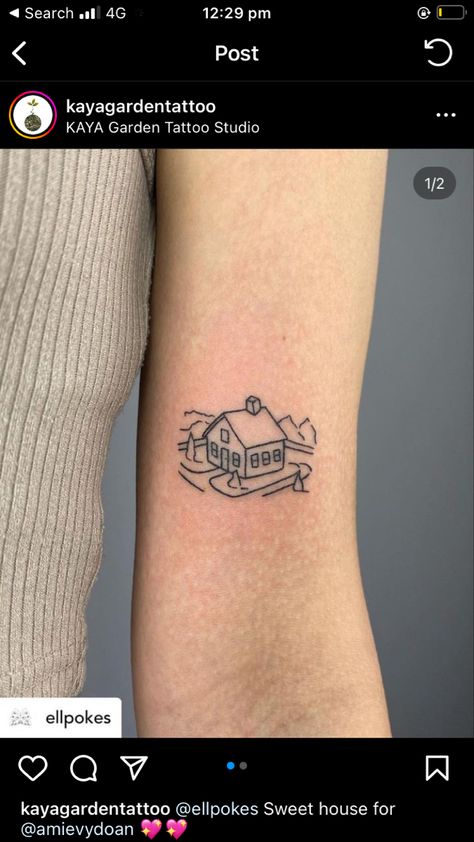 Childhood House Tattoo, Farmhouse Tattoo, Homestead Tattoo, Childhood Home Tattoo, House Tattoo Simple, House Tattoos, Tattoo House, Ems Tattoos, Tattoos 2024