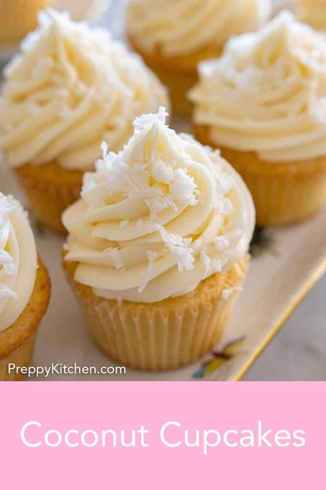 Soft, fluffy, and flavorful, these Coconut Cupcakes topped with coconut cream cheese frosting are such a delightful treat. These cupcakes are so easy to make as well as moist and sweet. These coconut flavored cupcakes are perfect for any occasion, from birthdays to potlucks, as they're always a crowdpleaser. Lemon Coconut Cupcake Recipes, Coconut Frosting Recipe, Coconut Cream Cupcakes, John Kanell, Coconut Cupcake Recipes, Flavored Cupcakes, Coconut Cupcake, Coconut Cakes, Lemon Cupcake Recipe