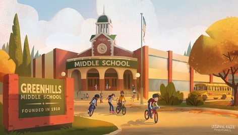 ArtStation - School Days Adventures, Andy Ivanov Animation Schools, Four Friends, Building Aesthetic, School Illustration, School Cartoon, Building Illustration, School Playground, The Art Of Storytelling, Stranger Things Tv