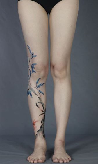 Full Shin Tattoo, Wisteria Tattoo Foot, Full Body Flower Tattoo, Vertical Tattoo Placement, Chinese Leg Tattoo, Ancle Tatoos Woman, Chinese Art Tattoo, Plum Tattoo, Chinese Tattoos