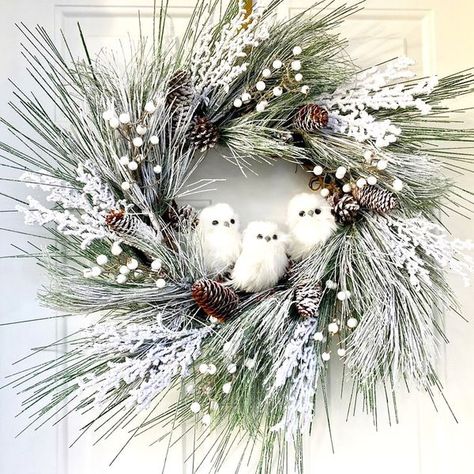 Perfect Snowy Owl Winter Wreath - Treasures By Destani January Wreaths For Front Door Winter, January Wreath Ideas, January Wreath, Cabin Holiday, White Owls, Elegant Christmas Wreath, Large Christmas Wreath, Snowy Owls, Winter Door Decorations