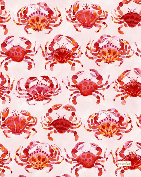 CRABATHON – BARBARIAN by Barbra Ignatiev | Bold colorful art Crab Aesthetic, Barbra Ignatiev, Fun Party Crafts, Pretty Posters, Pattern Board, Nautical Inspiration, Seashell Art, Jungle Print, Shell Art