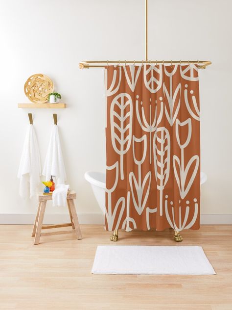 "Cheerful Garden Minimalist Botanical Pattern in Putty and Clay Rust Terracotta" Shower Curtain by kierkegaard | Redbubble Terracotta Bathroom, Bohemian Shower Curtain, Terracotta And Green, Green Shower Curtains, Bathroom Showers, Boho Shower Curtain, Boho Bathroom, Boys Bathroom, Shower Curtain Bathroom