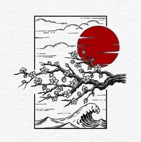 Japan Line Art, Easy Japanese Drawings, Japanese Artwork Tattoo, Japanese Simple Tattoo, Japanese Aesthetic Tattoo, Japanese Art Simple, Japanese Anime Tattoo, Japan Tattoo Sketch, Japanese Landscape Tattoo