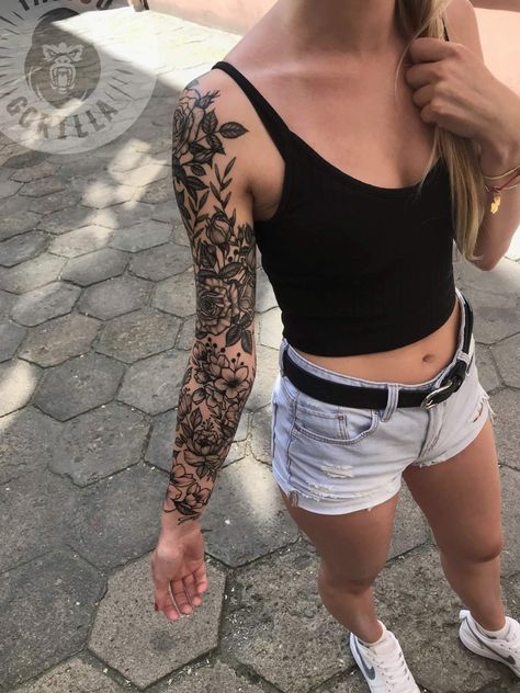 Floral Mandala Sleeve Tattoo Women, Christen Whitman Tattoos, Black And Gray Floral Sleeve Tattoo, Floral Sleeves For Women Tattoo, Full Tattoo Sleeves For Women, Woman Full Sleeve Tattoo, Black And White Sleeve Tattoo Women, Tattoo Sleeve Women Unique, Full Arm Sleeve Tattoos For Women