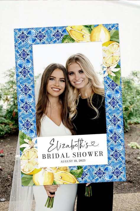 Blue Tiles Lemon Bridal Shower Photo Booth Frame, Editable Italian Mediterranean Photo Prop Frame, Amalfi Coast Theme Photo Booth Props M2 Blue Bridal Shower Themes, Italian Baby Showers, Italian Bridal Showers, Bridal Shower Photo Booth, Photo Prop Frame, Lemon Themed Bridal Shower, Bridal Shower Photo Prop, Italian Theme, Photo Booth Sign