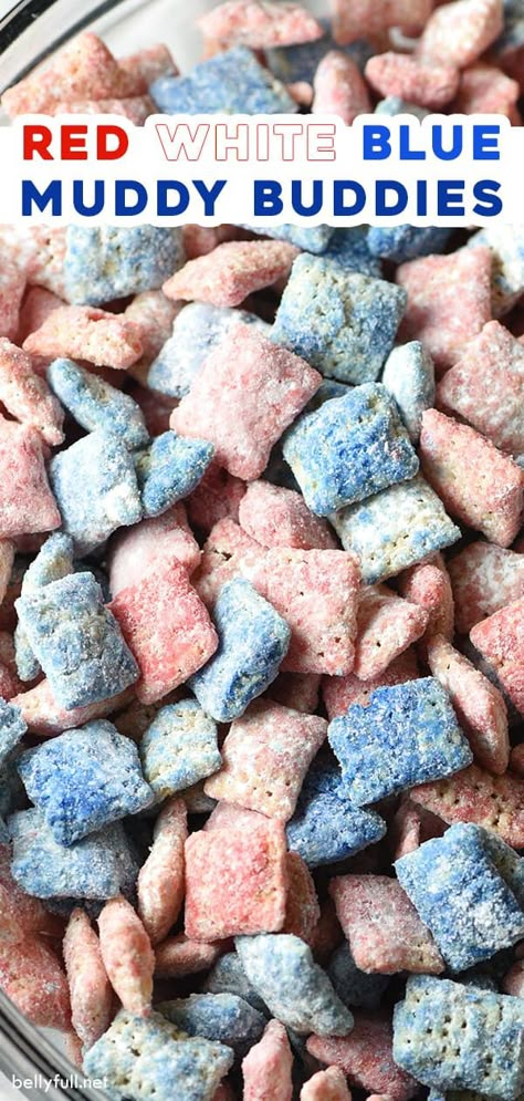 4th Of July Food Puppy Chow, Puppy Chow Chex Mix Recipe 4th Of July, Red White And Blue Puppy Chow, Fourth Of July Puppy Chow, 4th Of July Puppy Chow, 4th Of July Sweets, Blue Muddy Buddies, Forth Of July Food, Patriotic Puppy Chow