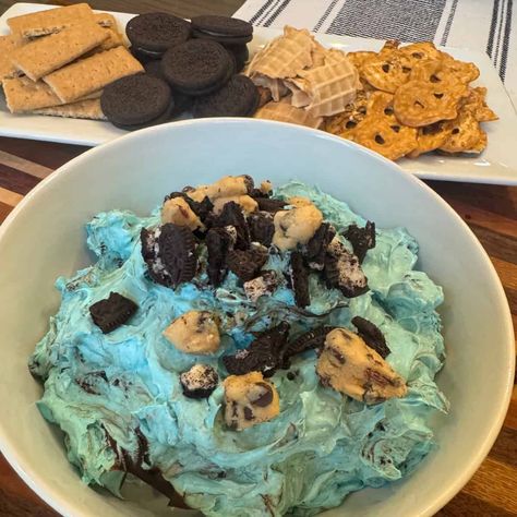 Monster Dip Recipe, Cookie Monster Dip, Monster Cookie Dip, Oreo Pucks, Monster Dip, Halloween Dips, Potatoes And Kielbasa, Monster Cookie Dough Dip, Crockpot Cheesy Potatoes