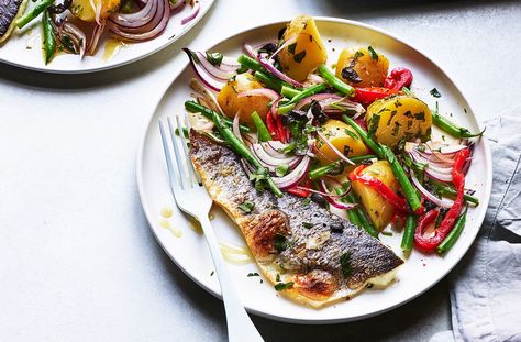 Grilled Sea Bass Fillets With Mediterranean Potato Salad Recipe | Sea Bass Recipes | Tesco Real Food Greek Sea Bass Recipes, Mediterranean Sea Bass Recipes, Grilled Sea Bass Fillet Recipes, Seabass Fillet Recipe, Meditarian Diet, Sea Bass Fillet Recipes, Seabass Recipe, Grilled Sea Bass, Bass Recipes