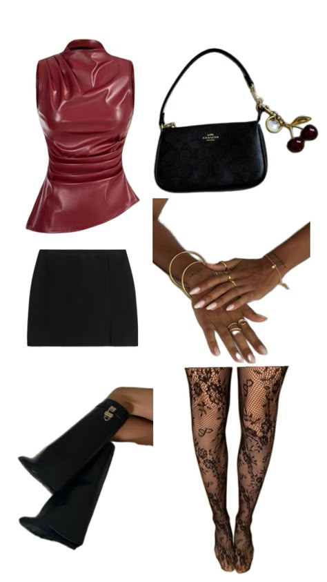 Jazz bar outfit red leather top black skirt red details Red Leather Skirt Outfit, Jazz Bar Outfit, Aesthetic Jazz, Leather Top Outfit, Best Hair Colour, Jazz Aesthetic, Red Leather Top, Nyc It Girl, Jazz Outfits