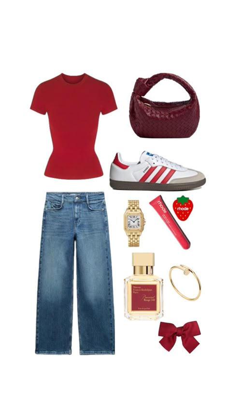 Red Adidas Outfit, Red Lips Outfit, Samba Adidas Outfit, F1 Girl, Clean Girl Outfits, Adidas Samba Outfit, Street Style Outfits Casual, Samba Outfit, Adidas Sambas