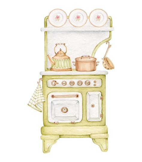 Oven Illustration, Watercolor Kitchen, Vintage Oven, Posters Diy, Vintage Stoves, Protest Posters, Stove Oven, Diy Book, Cute Illustration