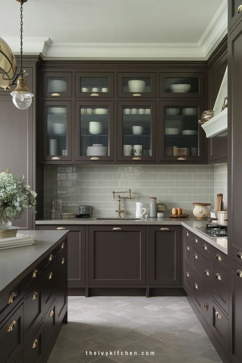 Unleash the warmth of Dark Brown Kitchen Cabinets - perfect for Small Kitchens or Cozy spaces. Elevate your Kitchen With Dark Brown Cabinets, creating a Boho chic vibe effortlessly. Save this pin now to find inspiration for your dreamy Brown Wood Kitchen Decor ideas! Kitchen Color With Brown Cabinets, Kitchens With Dark Appliances, Light Kitchen Dark Cabinets, Warm Cabinets Kitchen, Dark Color Kitchen Cabinets, Kitchens With Dark Wood Cabinets, Dark Brown Painted Kitchen Cabinets, Painted Brown Cabinets, Modern Kitchen Brown