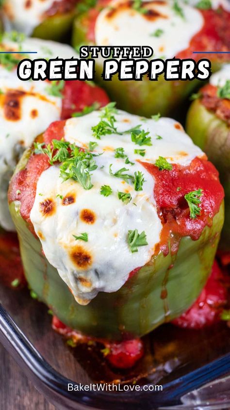 Savory, easy-to-make stuffed green peppers are filled with a seasoned tomato, ground beef, and rice mixture for a satisfying meal. The familiar flavor of tender green bell peppers pairs perfectly with a hearty filling, covered with tomato sauce, topped with cheese, and baked until golden. This classic dish is perfect for family dinners and can be prepped in advance for a quick weeknight meal too. Get the recipe at BakeItWithLove.com #greenbellpeppers #easydinners #dinner #familymeals #... Stuffed Green Bell Peppers, Stuffed Bell Peppers Ground Beef, Green Pepper Recipes, Stuffed Peppers Beef, Baked Peppers, Red Pepper Recipes, Ground Beef And Rice, Ground Beef Rice, Pepper Recipes