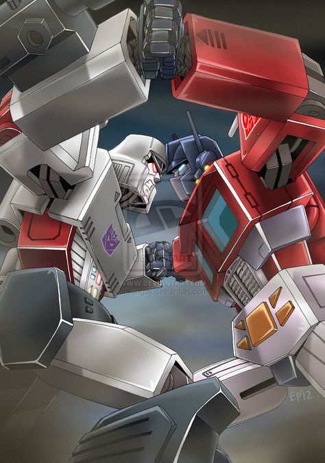 Megatron vs. Optimus Prime!!! Auto Assembly 2013 promo piece by Kingoji.deviantart.com on @deviantART Optimus Prime Vs Megatron, Transformers Generation 1, Transformers Universe, Beast Wars, Transformers Autobots, Vw Touran, Transformers Comic, Transformers 3, Transformers Optimus