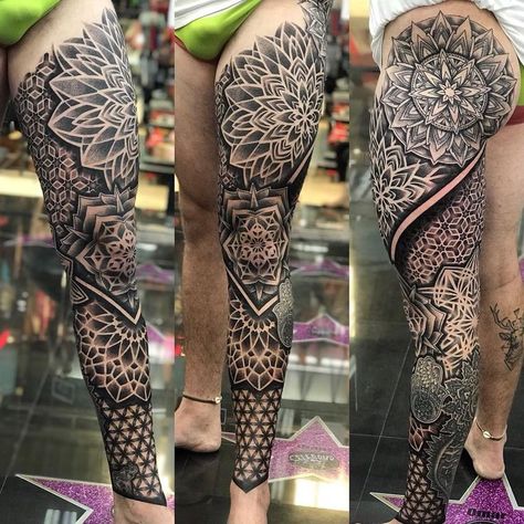 The attention to detail of this full leg geometric tattoo is incomparable! Love how the shapes and patterns come together to create this masterpiece. You can see how balance, stability, and symmetry were showcased in black and grey ink. Kudos to the artist and the patience of the customer. Leg Tattoos Geometric, Geometric Tattoo Leg Sleeve, Leg Tattoos Men, Mandala Foot Tattoo, Mandala Tattoo Leg, Geometric Tattoo Leg, Tato Mandala, Half Sleeve Tattoos Sketches, Geometric Tattoo Sleeve Designs