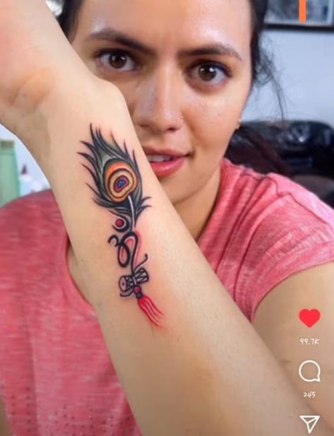 Om With Peacock Feather Tattoo, Krishna Feather Tattoo, Side Wrist Tattoos For Women, Mor Pankh Tattoo, Trishul Design, Krishna Tattoo Design, Chest Tattoo Wings, Trishul Tattoo Designs, Side Wrist Tattoos