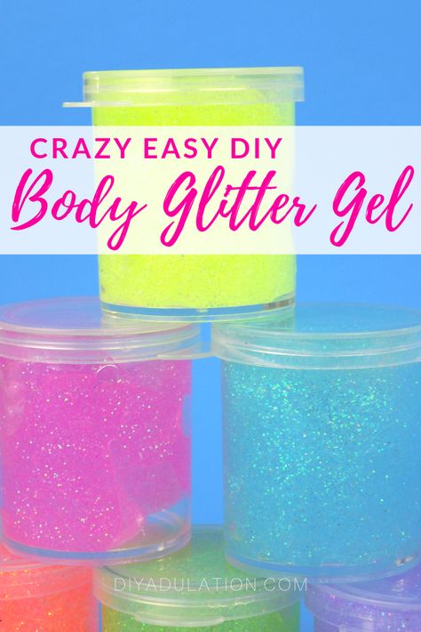 In addition to being crazy easy to make and saving you a ton of money, this DIY body glitter gel is a fantastic party favor for sleepovers! Diy Body Glitter, Diy Glitter Glasses, Diy Crayons, Cosmetic Grade Glitter, Glitter Crafts, Diy Beauty Recipes, Diy Cans, Crafty Moms, Glitter Diy