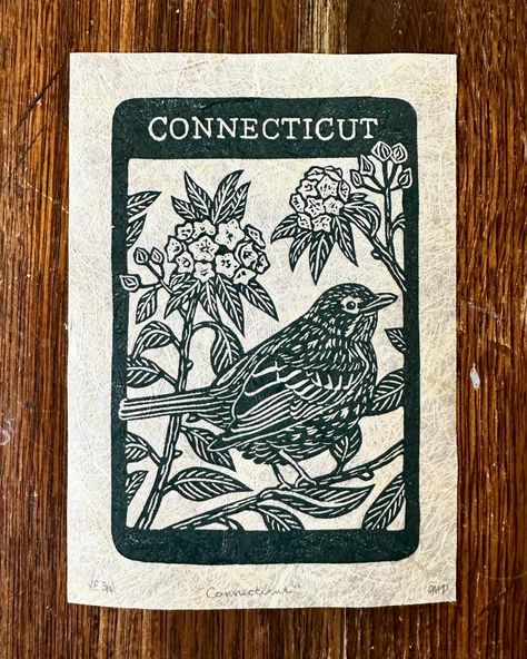 my Connecticut state bird & flower block print is now available in a pretty, very dark green ink on either abaca fiber paper or white paper - link in bio! | #blockprinting #printmaking #blockprint #connecticut #connecticutart #ctart #ctartist #reliefprint #linocut Bird Block Print, Lino Print Pattern, Flower Block Print, Abaca Fiber, Printmaking Ideas, Very Dark Green, Trail Map, State Birds, Relief Print