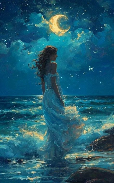 Beautiful Things To Paint, Different Art Styles Ideas, Ocean Art Aesthetic, Aesthetic Art Paintings, Dreamy Drawing, Magical Ocean, Majestic Art, Goddess Of The Moon, Blue Drawings